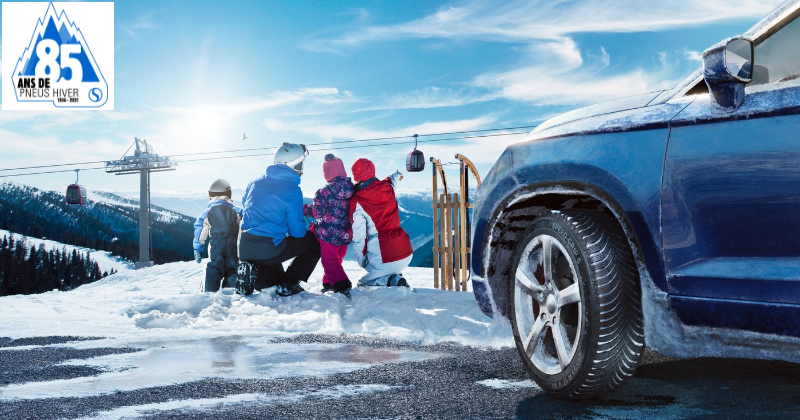 Pneu hiver Semperit Speed-Grip 5 avec une famille à la montagne