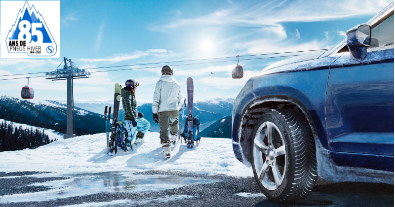Nouveau pneu hiver Semperit Speed-Grip 5 sur fond de montagne avec des snowboardeurs