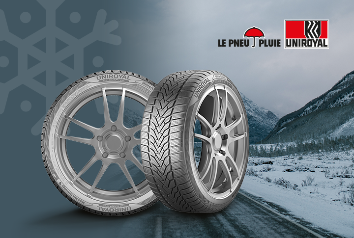 Visuel du pneu Uniroyal WinterExpert sur fond de route enneigée