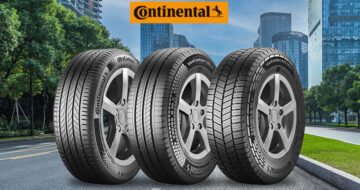 Présentation de pneus de la gamme ULTRA de Continental, sur un arrière-plan urbain
