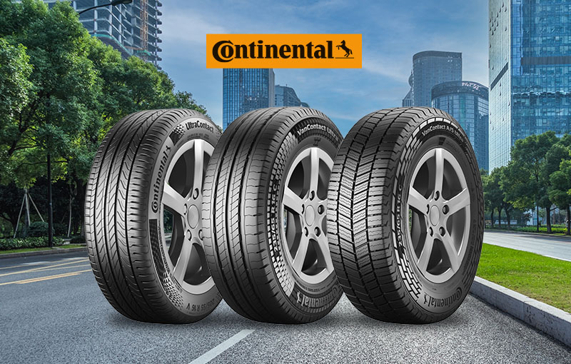 Présentation de pneus de la gamme ULTRA de Continental, sur un arrière-plan urbain