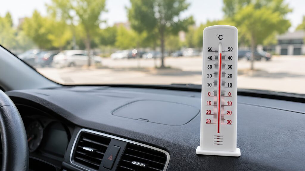 Tableau de bord d'une voiture avec un thermomètre en surchauffe à cause de la canicule.