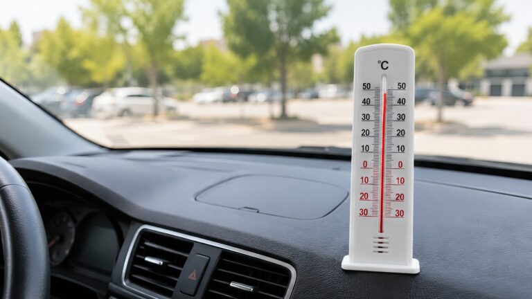 Tableau de bord d'une voiture avec un thermomètre en surchauffe à cause de la canicule.