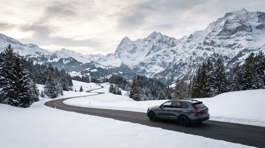 Voiture roulant l'hiver à la montagne